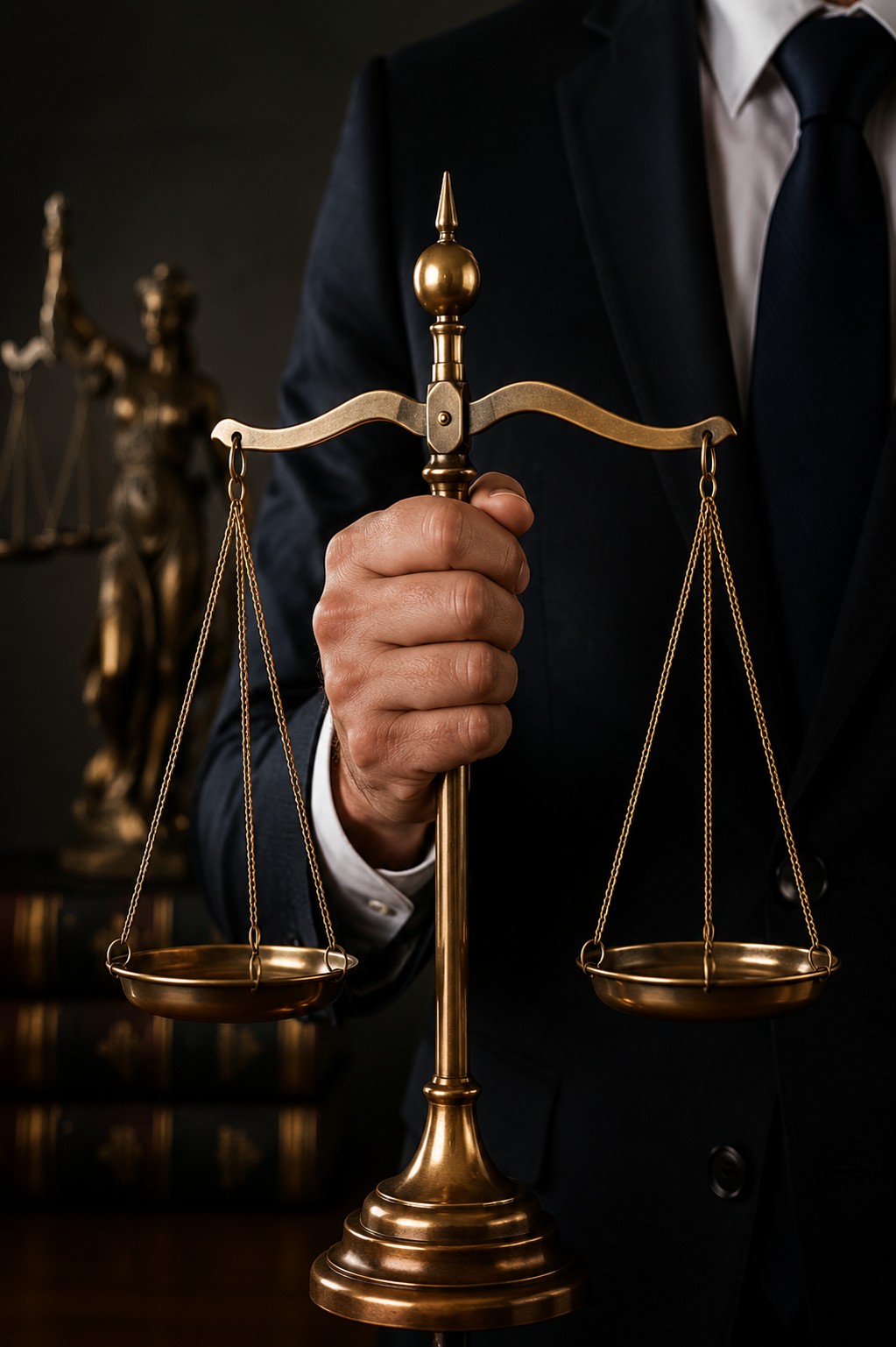 Advogado de terno escuro segurando uma balança da justiça dourada com as mãos, close-up na balança de metal reluzente, estátua da justiça dourada desfocada ao fundo, fundo escuro, paleta em tons dourados e pretos, iluminação dramática e elegante, fotografia profissional ultra-realista
