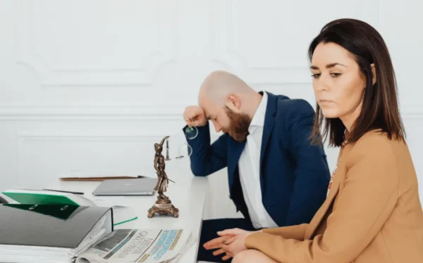 Homem e mulher com expressões sérias