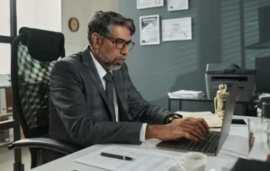 Advogado em escritório digitando no computador