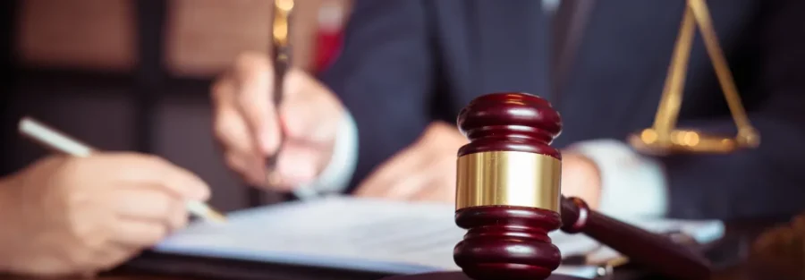 Pessoas escrevendo em documento formal com martelo da justiça ao lado