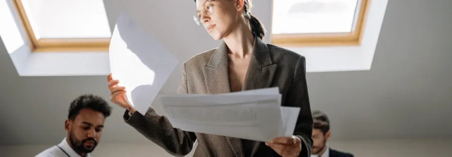 Mulher com trajes formais analisando documentos